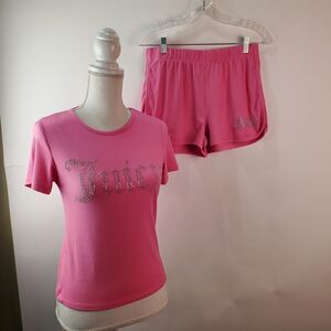 Juicy Couture Sleepwear Women Medium Pink 2PC Knit Short Shirt Rhinestone Logo